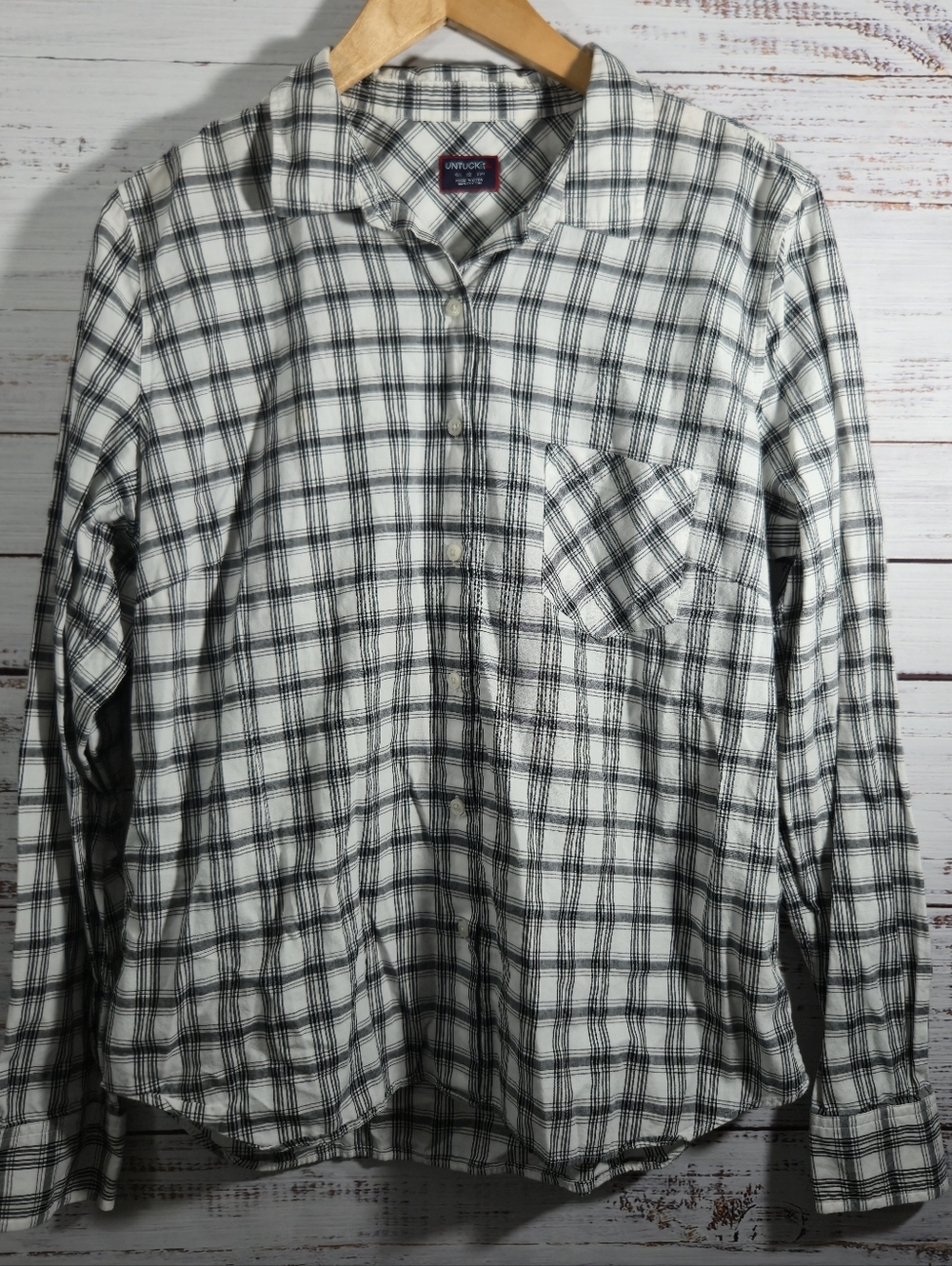 UNTUCKit Women's Button Up Shirt Plaid Checkered Collared Top Black White Sz 12